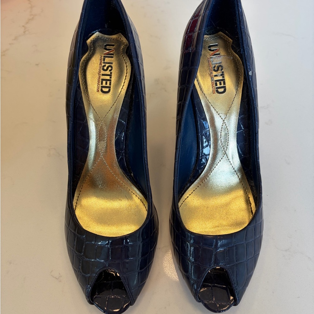 UNLISTED Navy Croc-Embossed Peep Toe Pumps with Gold Insole